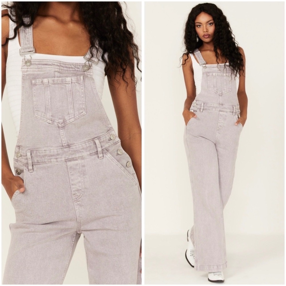 Cleo + Wolf Denim Overalls Women Size M Gray Lilac High Rise Wide Leg Flare Boho